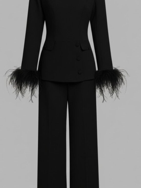 Women's Black Buckle Feather-trimmed Crew Neck Long Sleeve Dressy Top with Pants - Picture 5 of 7